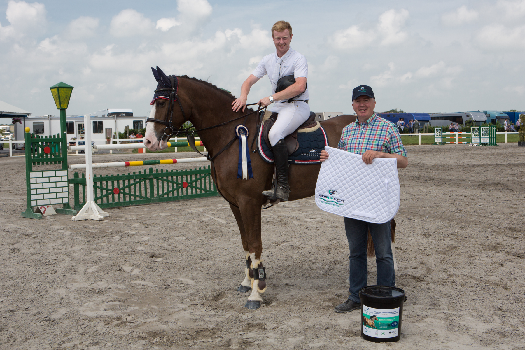 Pictured at the RDS Qualifiers at Galway Equestrian Centre sponsored locally by OceanFeed Equine are Niall Mullins on Tink Again, owned by Niall who came 1st in the 5 Year Old Class and Gerry Warren, Sales Manager, OceanFeed Equine. Photo Martina Regan