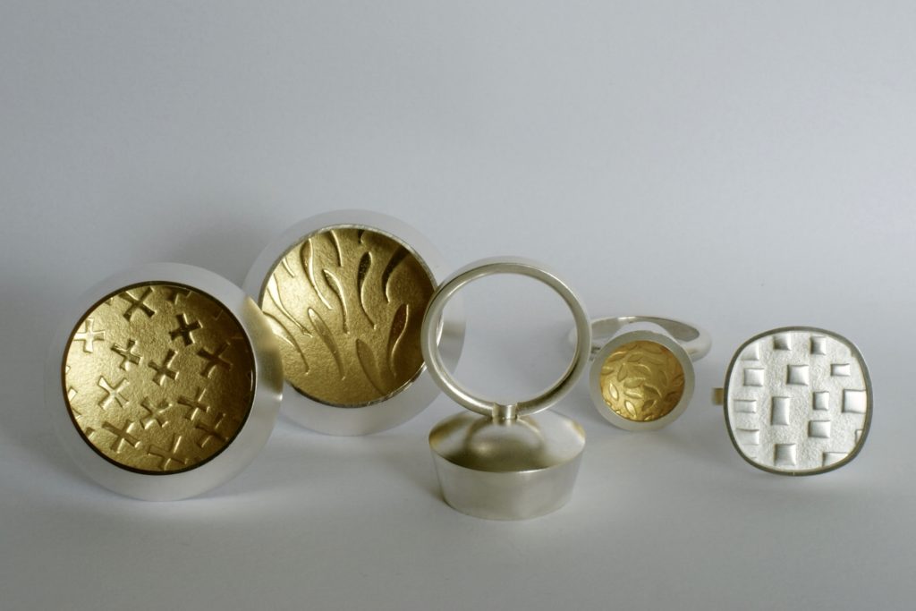 Inga Reed rings in embossed silver and 22 carat gold